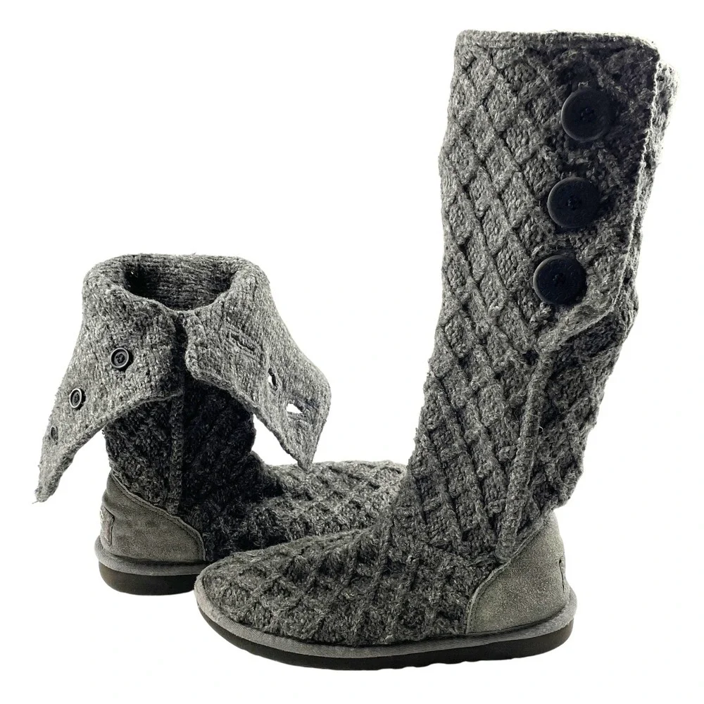 UGG Women‎ 8 Lattice Cardy Knit Button Tall & Short Fold Over Boots Grey *FLAW